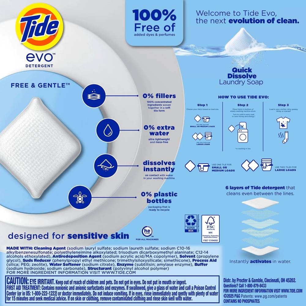 Tide Evo Laundry Detergent Fiber Tiles, Free & Gentle - 72 Count