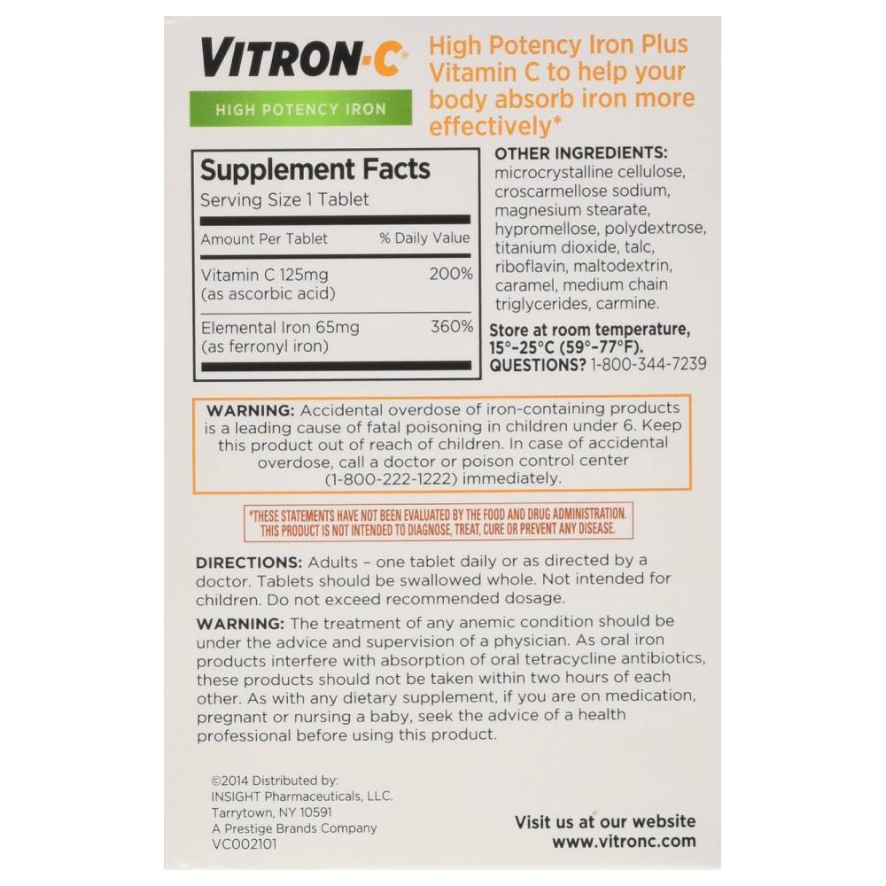 Vitron-C - High Potency Iron Plus Vitamin C Tablets - 60 Count - 12 Pack