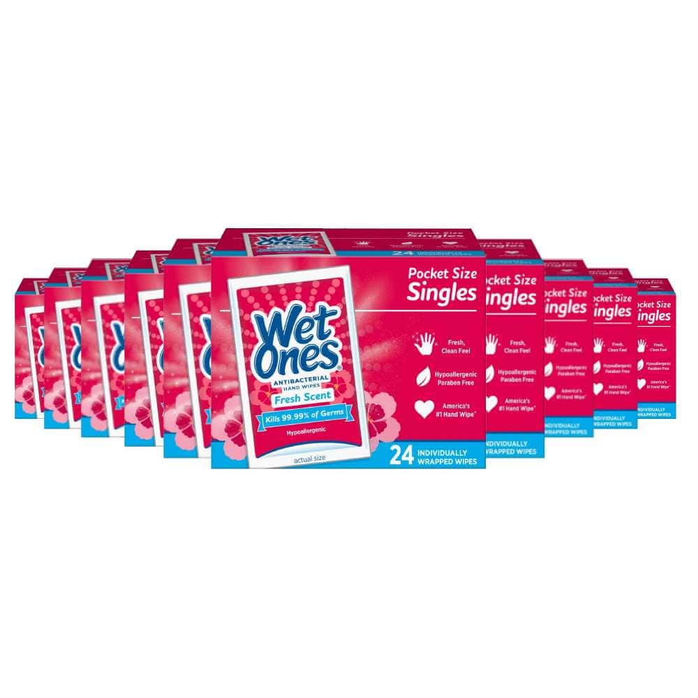 Wet Ones - Antibacterial Hand Wipes Singles - Fresh Scent - 24 Ct - 10 Pack