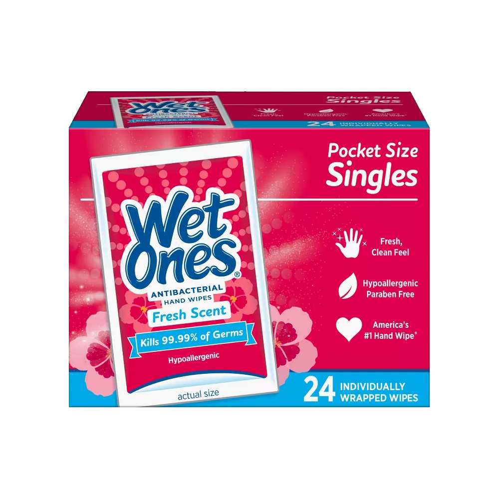 Wet Ones - Antibacterial Hand Wipes Singles - Fresh Scent - 24 Ct - 10 Pack