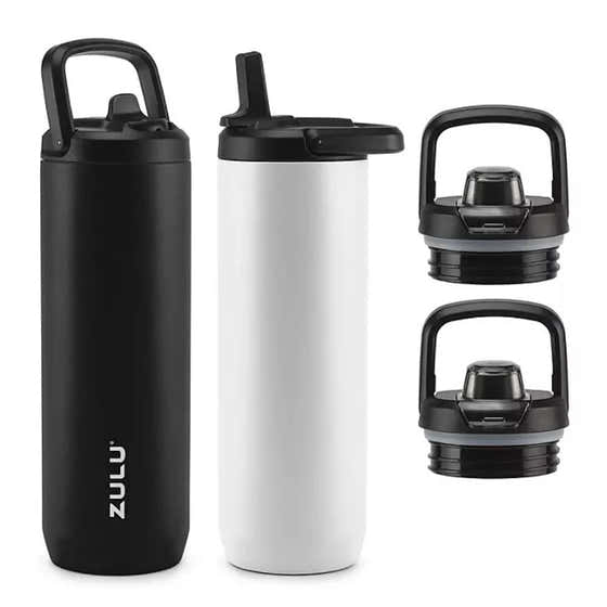 Zulu Base Stainless Steel Water Bottle , Includes 2 Extra Lids, Color Black/White - 24 Oz Each - 2 Pack | Zulu - Products