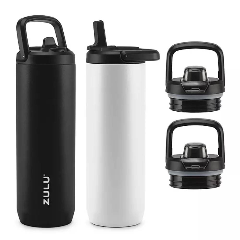 Zulu Base Stainless Steel Water Bottle , Includes 2 Extra Lids, Color Black/White - 24 Oz Each - 2 Pack