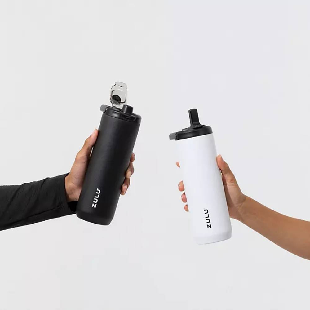 Zulu Base Stainless Steel Water Bottle , Includes 2 Extra Lids, Color Black/White - 24 Oz Each - 2 Pack