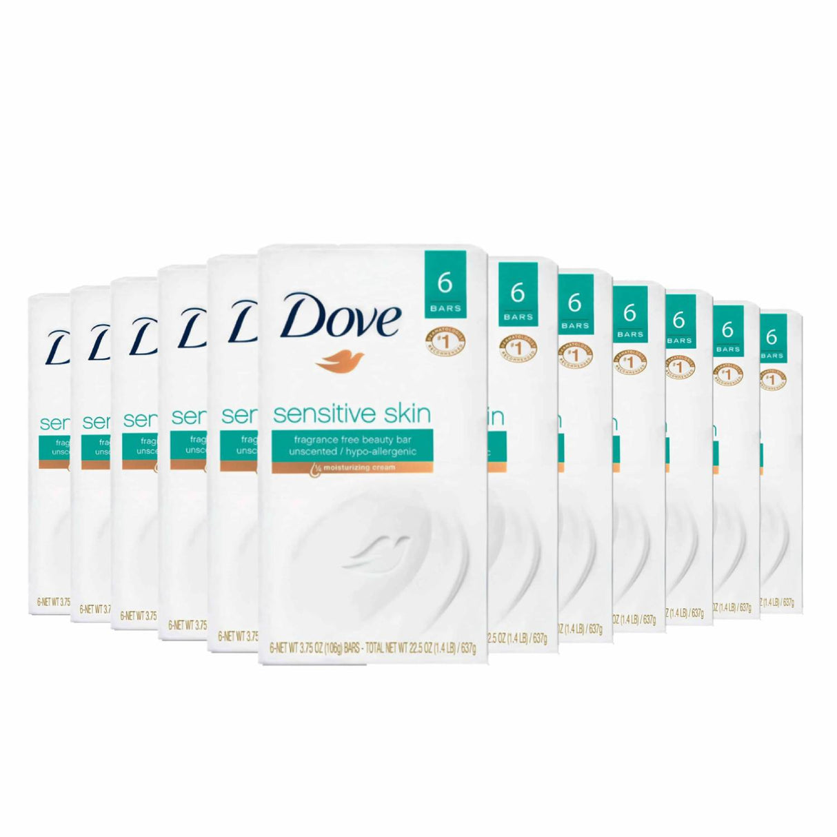 A pack of 12 Dove Beauty Bars for Sensitive Skin, Unscented, with packaging displaying the product information.