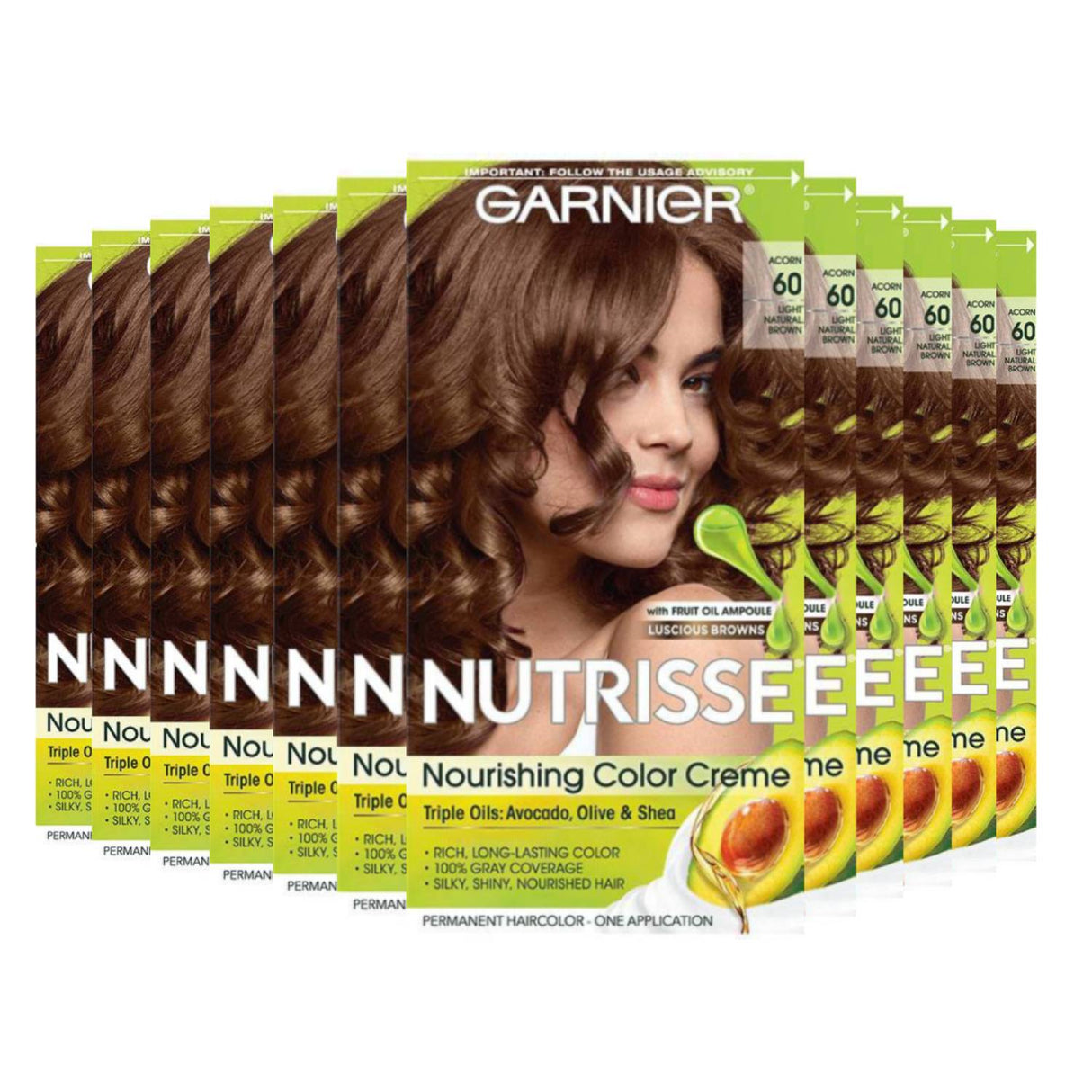 Garnier Nutrisse Nourishing Color Creme - Light Natural Brown 60 (Acorn) - 9 Pack