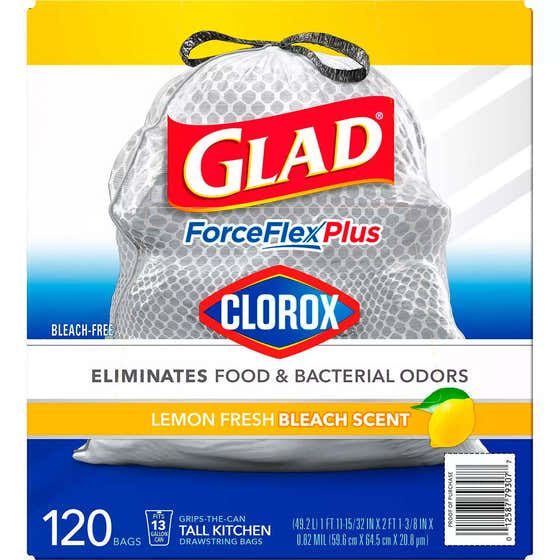 Glad Tall Kitchen Drawstring Grey Trash Bags – ForceFlex Plus With Clorox, Lemon Fresh Bleach Scent - 13 gal. - 120 ct. | ...