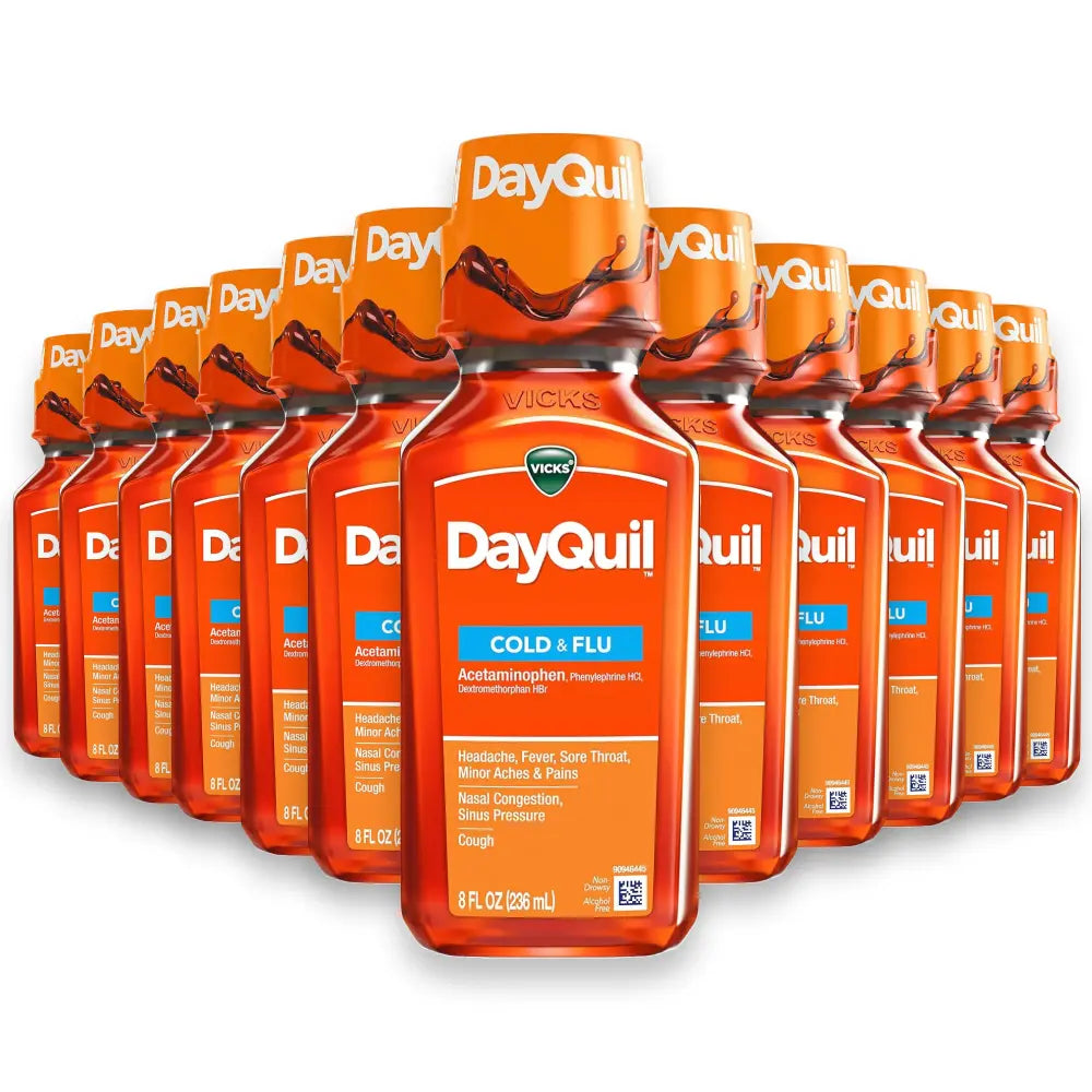 Vicks - DayQuil Cold and Flu Relief Liquid Medicine, Non-Drowsy Powerful Multi-Symptom Relief - 8 Oz - 12 Pack