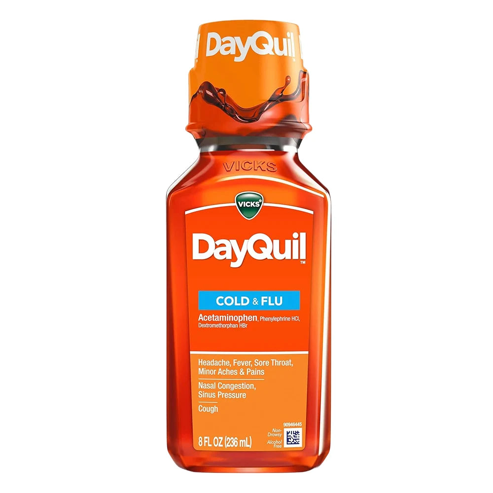 Vicks - DayQuil Cold and Flu Relief Liquid Medicine, Non-Drowsy Powerful Multi-Symptom Relief - 8 Oz - 12 Pack
