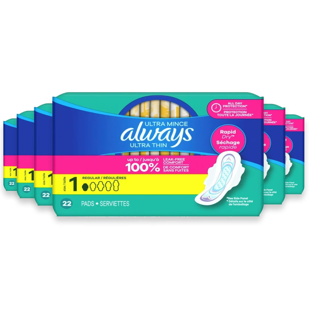 Always Ultra Thin Pads Size 1 Daytime Regular, 22 Ct – 6 Pack