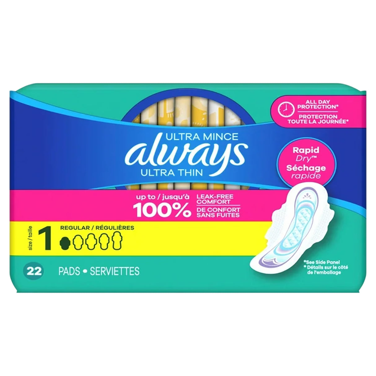 Always Ultra Thin Pads Size 1 Daytime Regular, 22 Ct – 6 Pack