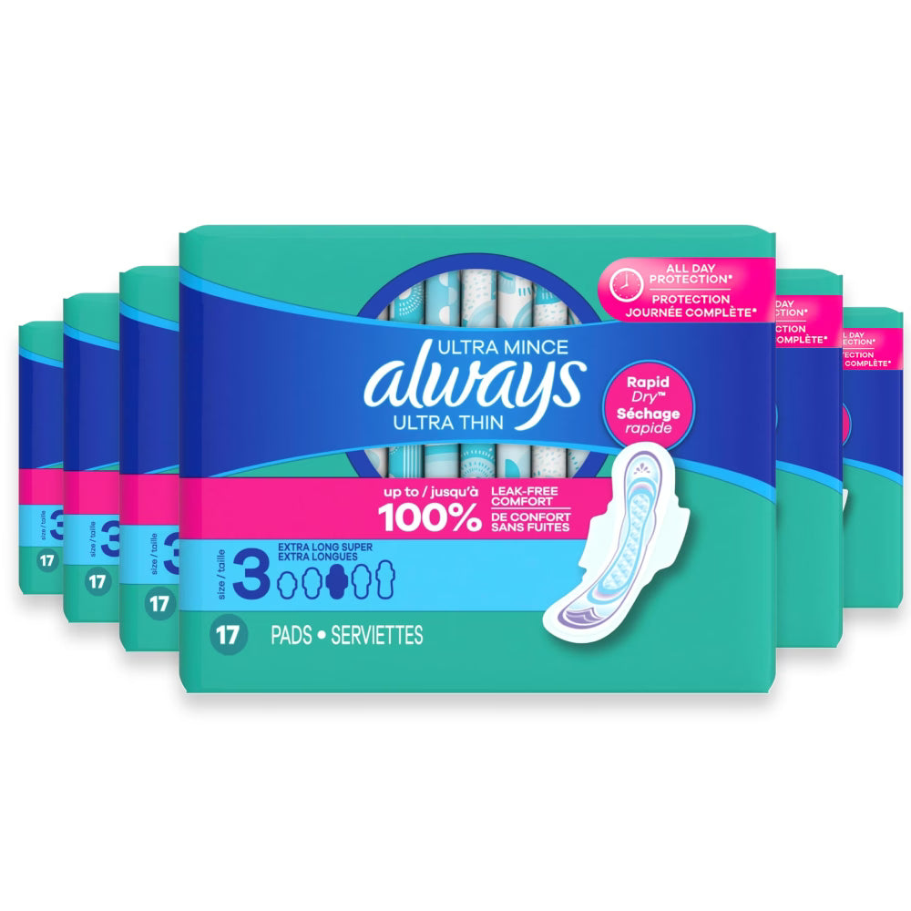 Always Ultra Thin Pads Size 3 Daytime Super, 17 Ct – 6 Pack