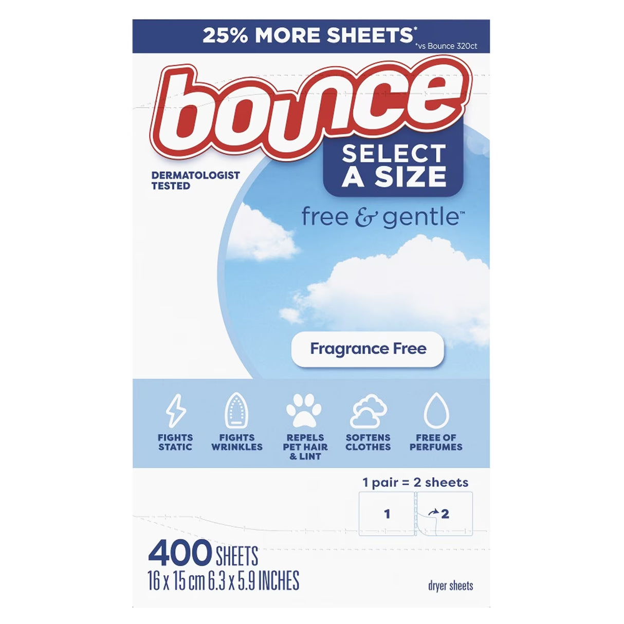 Bounce - Select a Size Free & Gentle Dryer Sheets, Unscented, 400 Ct