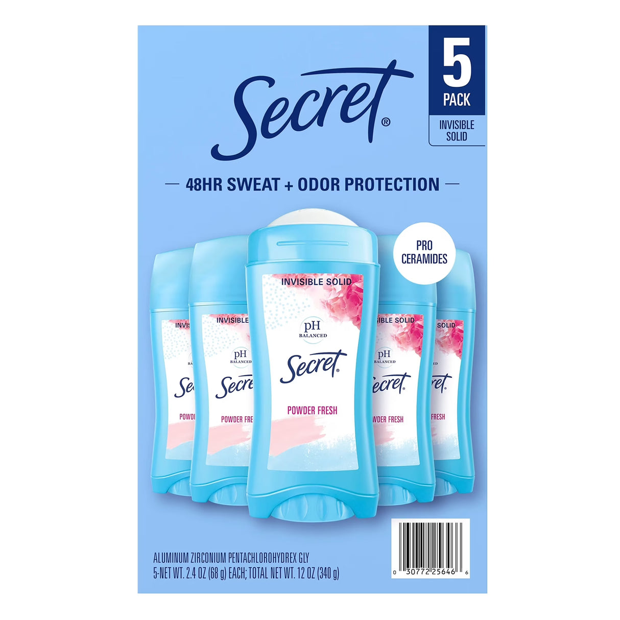 Secret Invisible Solid Antiperspirant Deodorant, Powder Fresh, 2.4 oz - 5 Pack