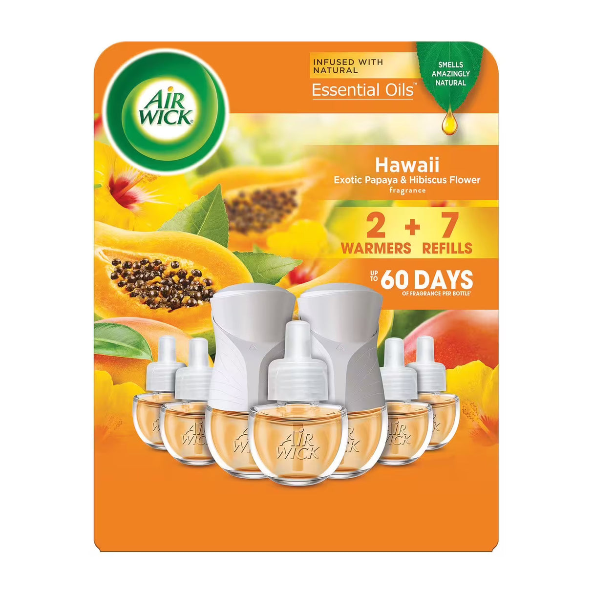Air Wick Plug In Scented Oil Air Freshener, Hawaii Exotic Papaya & Hibiscus Flower - 2 warmers + 7 refills
