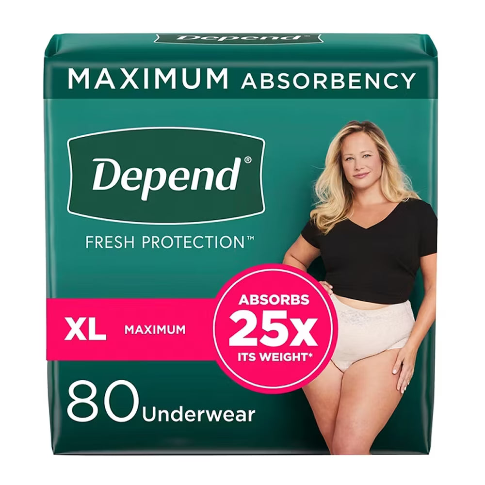 Depend maximum absorbency underwear package with a model on a white background