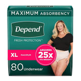 Depend maximum absorbency underwear package with a model on a white background