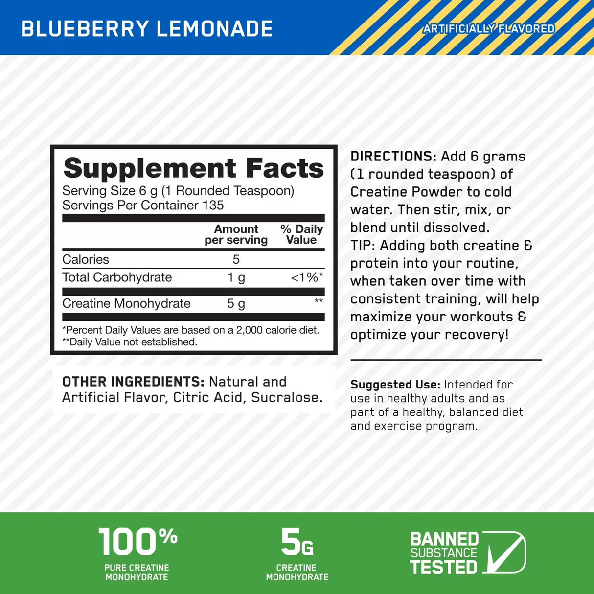 Optimum Nutrition Micronized Creatine Monohydrate Powder, Blueberry Lemonade 1.78 lb - 6 Pack