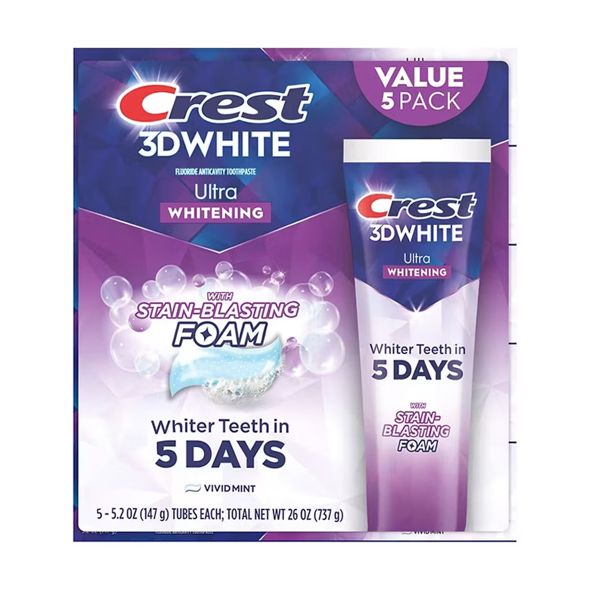 Crest 3D White Ultra Whitening Toothpaste Vivid Mint - 5.2 oz - 5 Ct