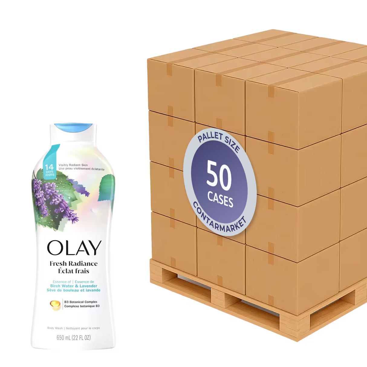 Olay Body Wash Birch Water & Lavender – 22.0 Oz – 4 Pack - 50 cases pallet