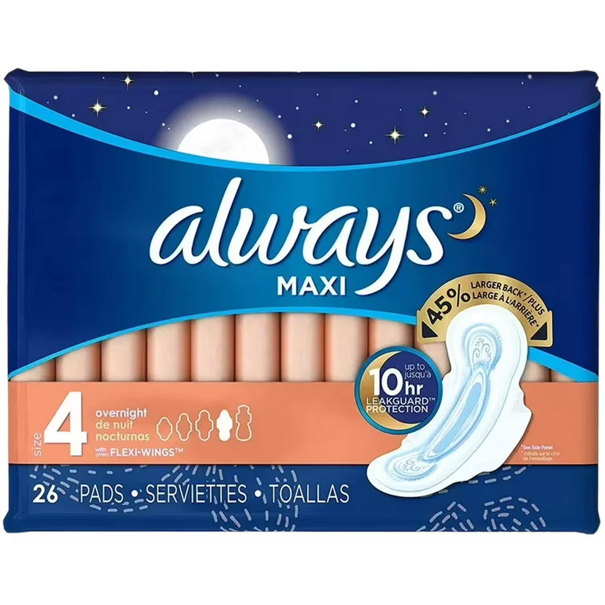 Always Maxi Overnight Pads with Wings, Size 4 26 Ct – 6 Pack