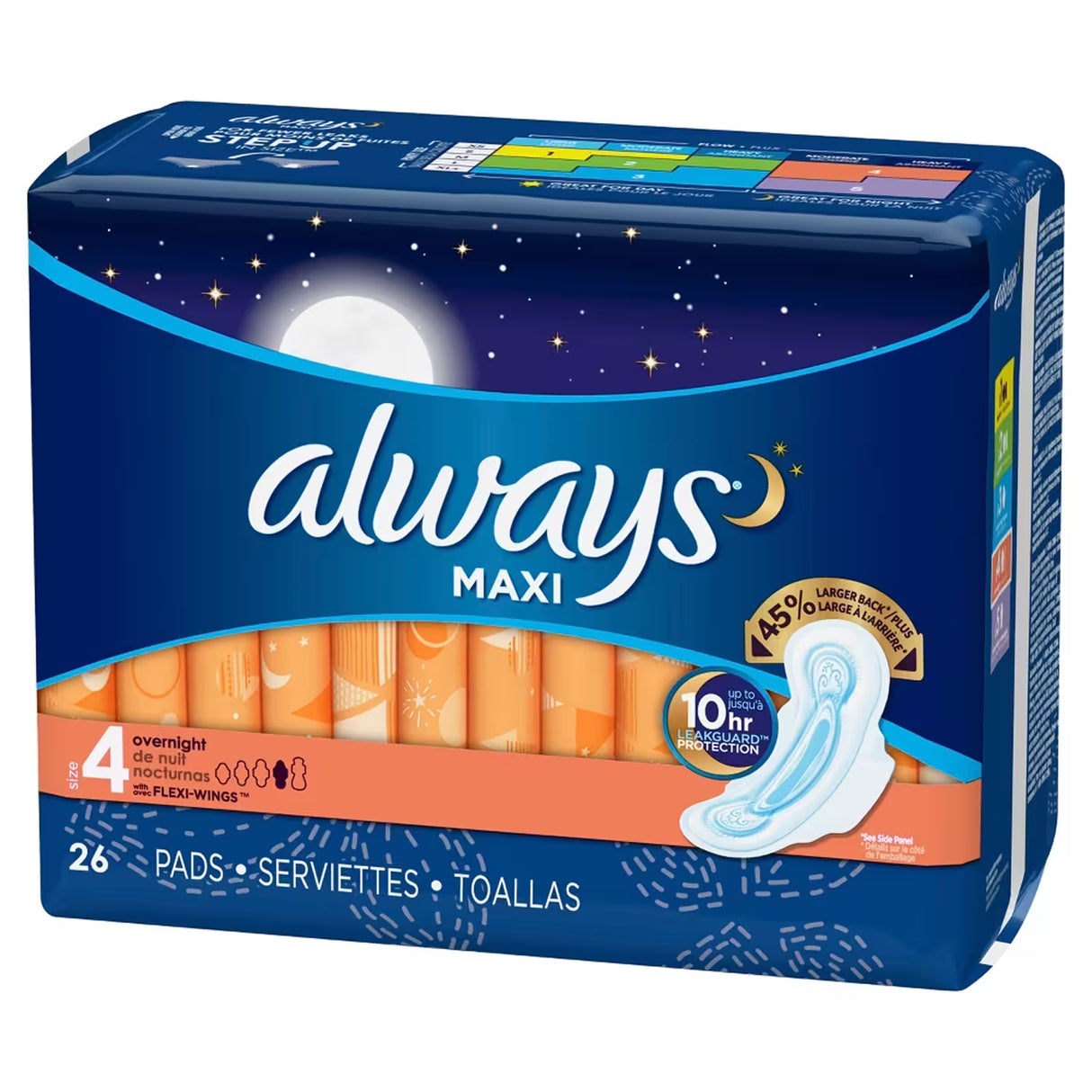 Always Maxi Overnight Pads with Wings, Size 4 26 Ct – 6 Pack