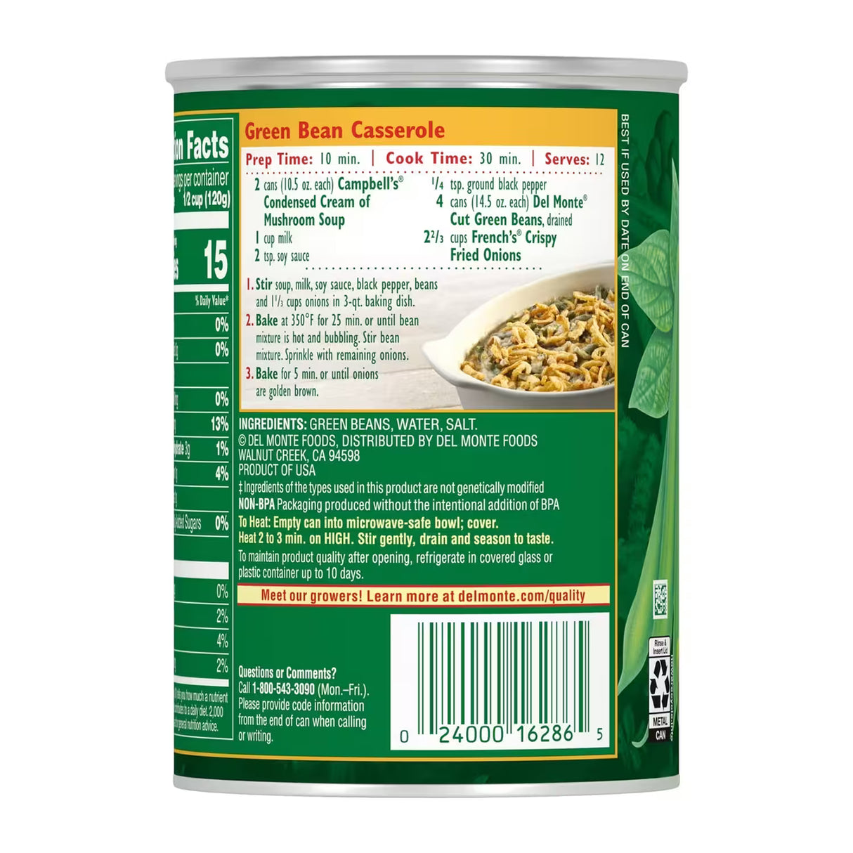 Del Monte Cut Green Beans – 14.5 oz Can – 24 Pack - 100 cases pallet