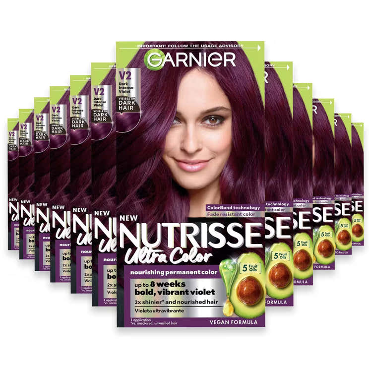 Garnier Nutrisse Ultra Color Permanent Hair Color Kit, #V2 Dark Intense Violet - 12 Pack | Garnier - Pre Order