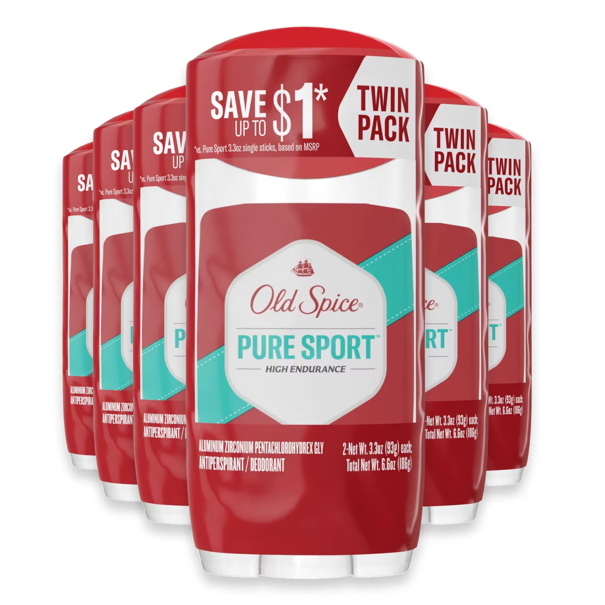 Old Spice High Endurance Pure Sport Antiperspirant Deodorant, 3.3 oz - Twin Pack - 6 Pack