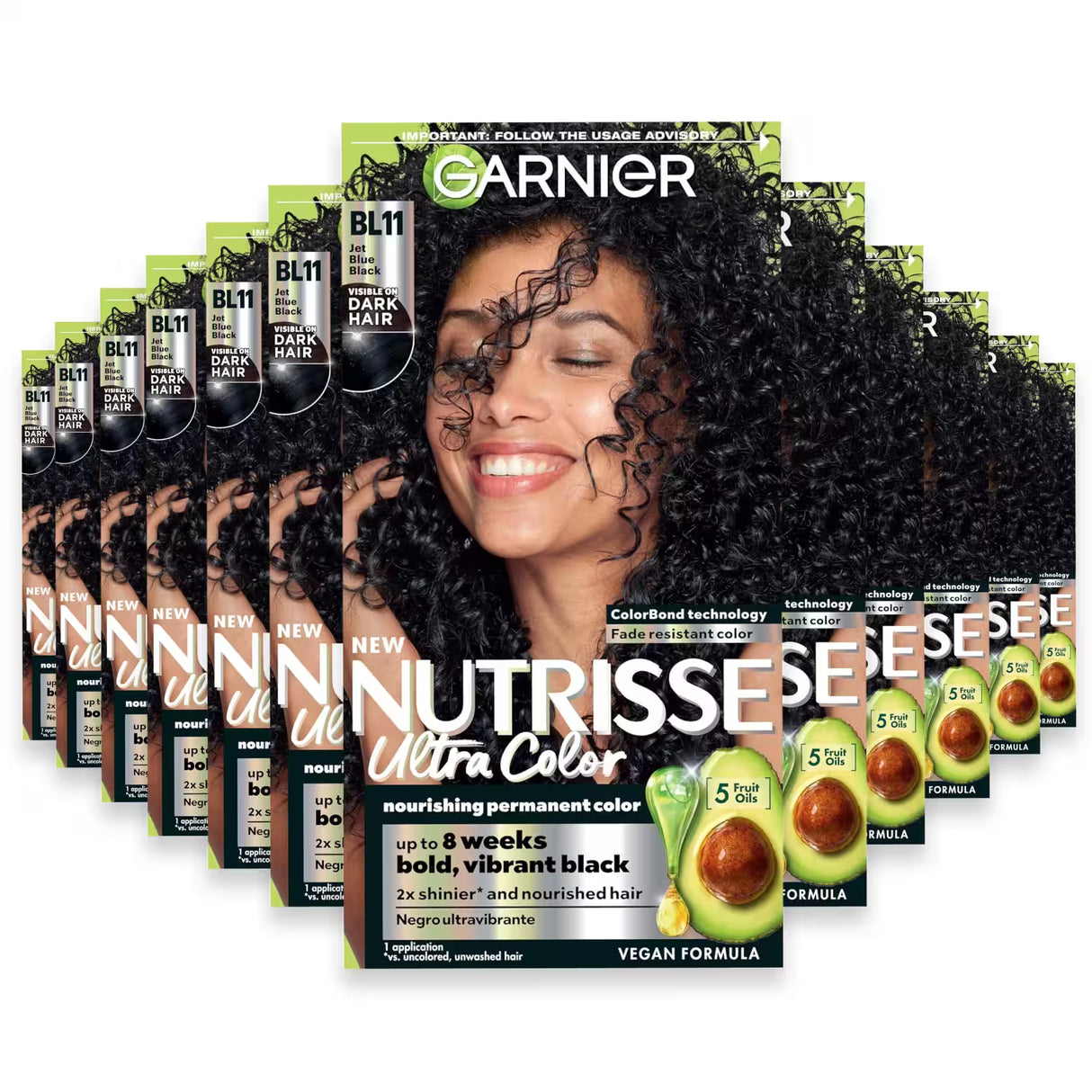 Garnier Nutrisse Ultra Color Permanent Hair Color Kit, #BL11 Jet Blue Black (Black Currant) - 12 Pack