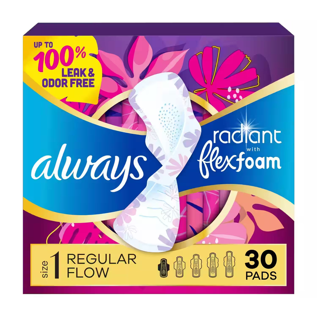 Always Radiant FlexFoam Pads with Wings, Scented, Size 1  30 Ct – 6 Pack