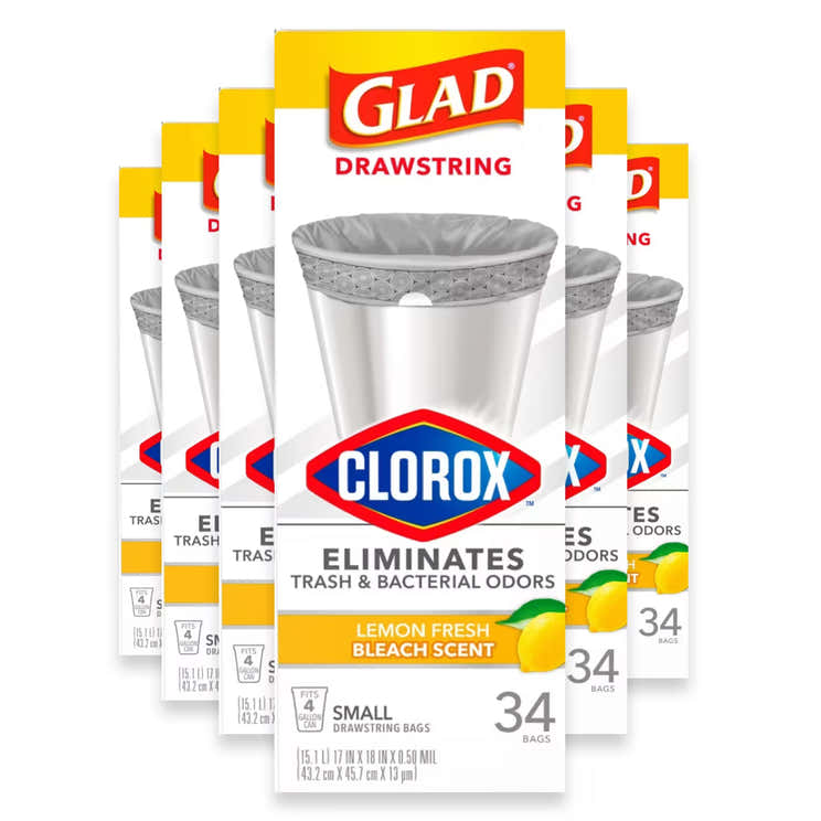 Glad Drawstring Small Trash Bags Lemon Fresh Bleach Scent 4 Gallon - 34 Ct - 6 Pack | Glad - High Demand Products