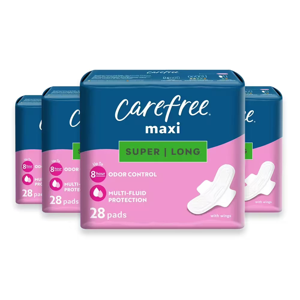 Carefree Maxi Super/Long Pads with Wings – 28 Pads – 4 Pack