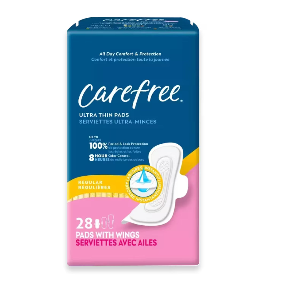 Carefree Ultra Thin Regular Pads with Wings – 28 Pads – 4 Pack