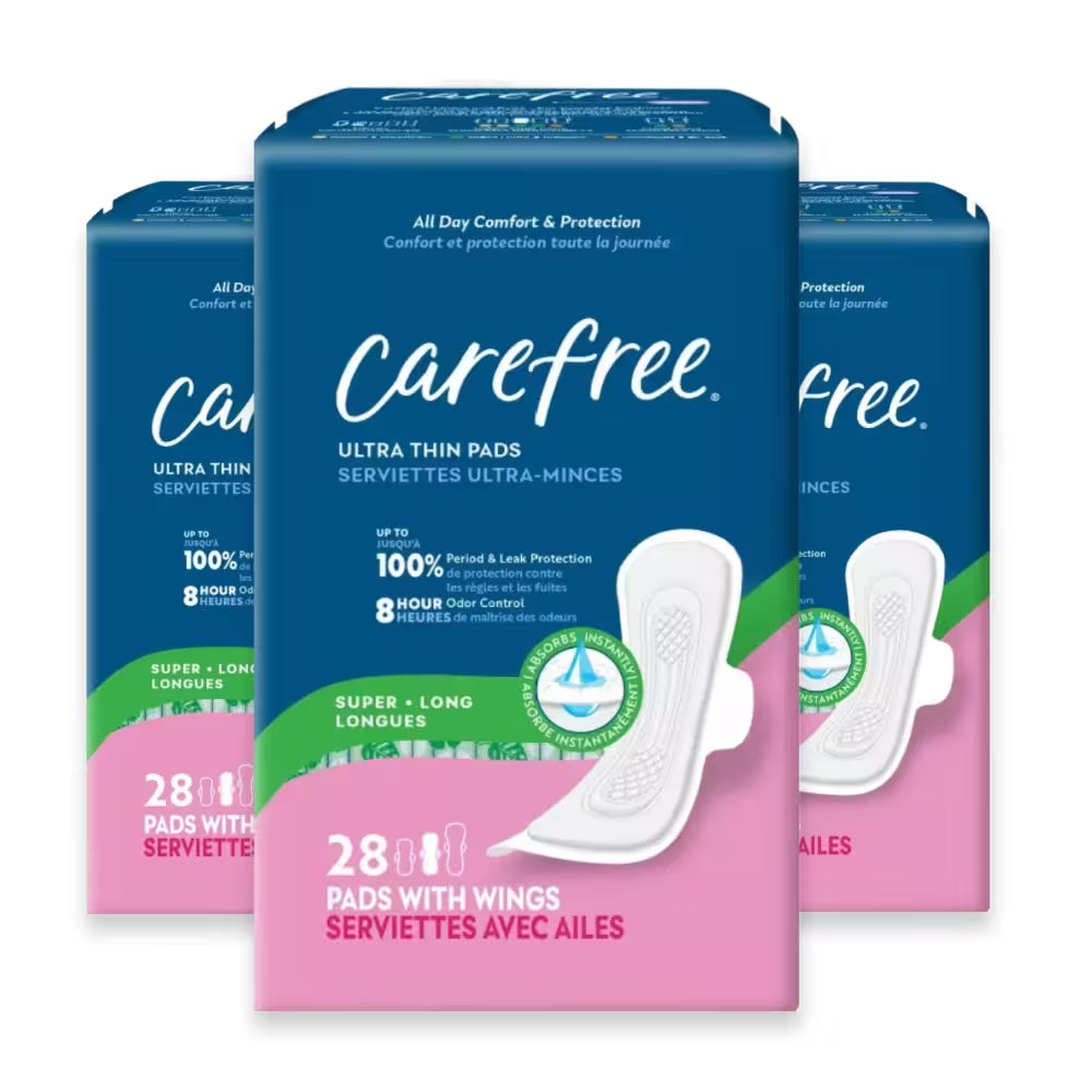 Carefree Ultra Thin Super/Long Pads with Wings – 28 Pads – 3 Pack