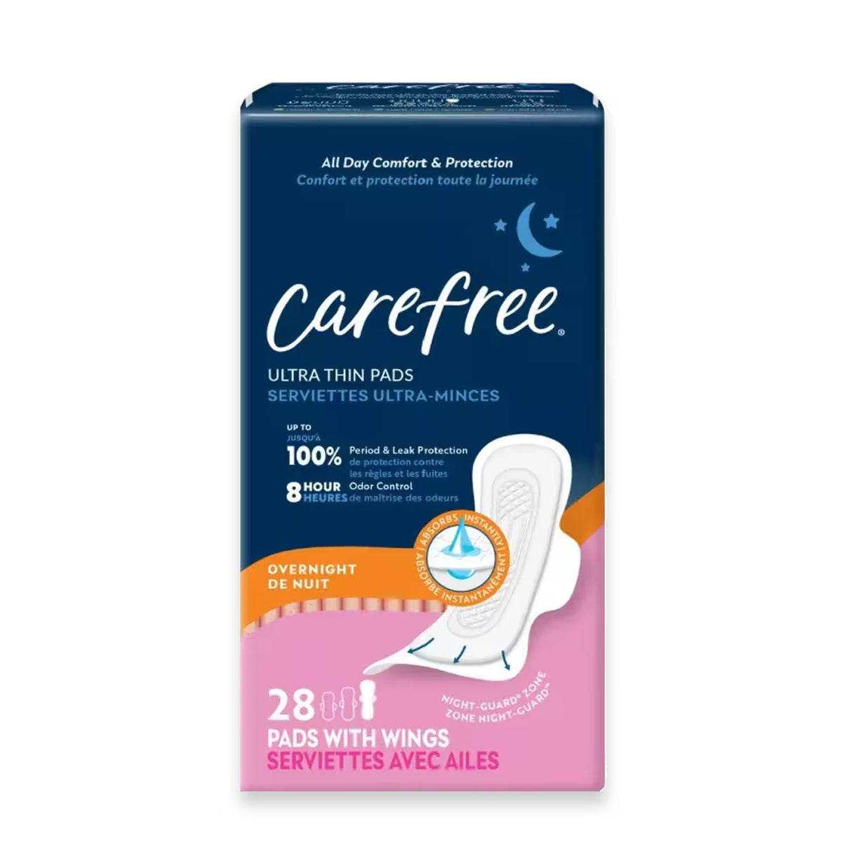 Carefree Ultra Thin Overnight Pads with Wings – 28 Pads – 3 Pack