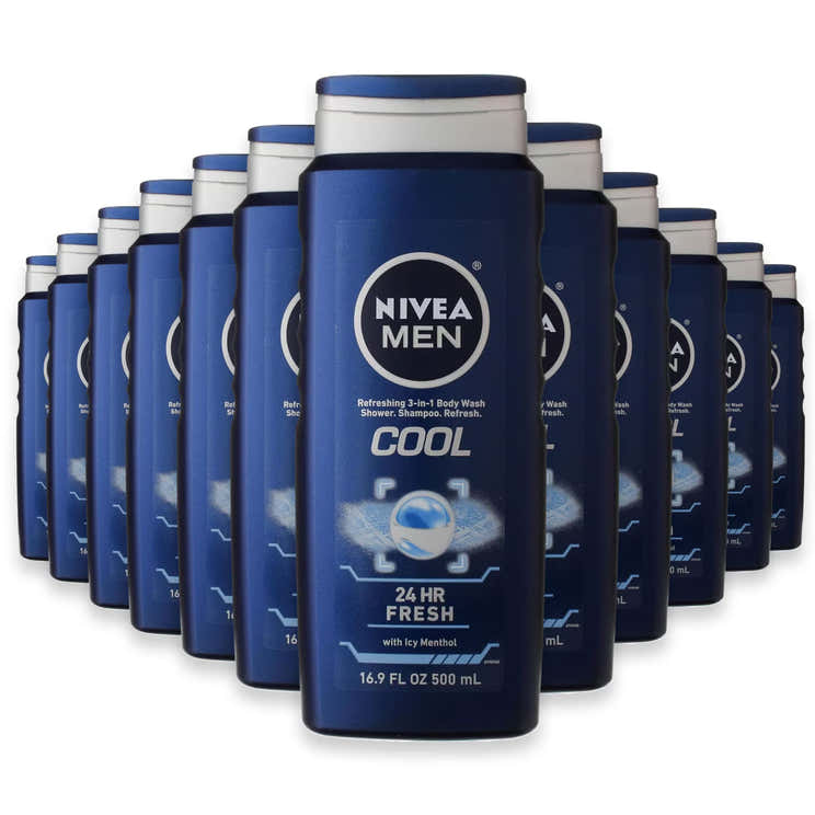 NIVEA MEN 3 in 1 Cool Body Wash, 16.9oz - 12 Pack | Nivea - Pre Order