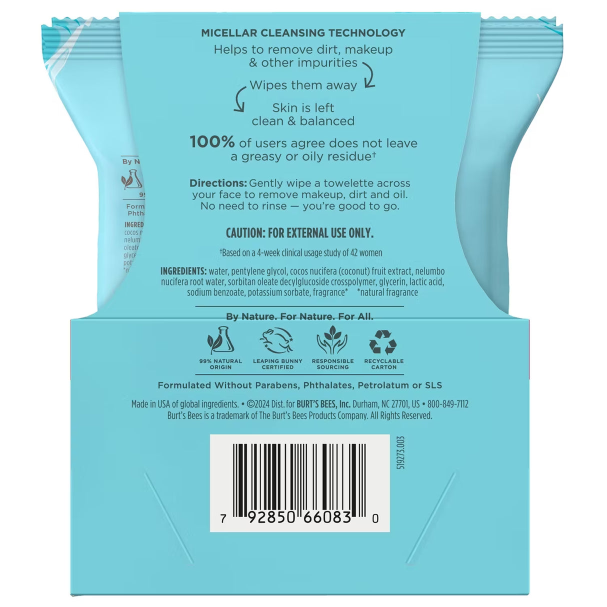 Burt's Bees Micellar Coconut & Lotus Facial Towelettes 30 Ct - Twin Pack - 6 Pack