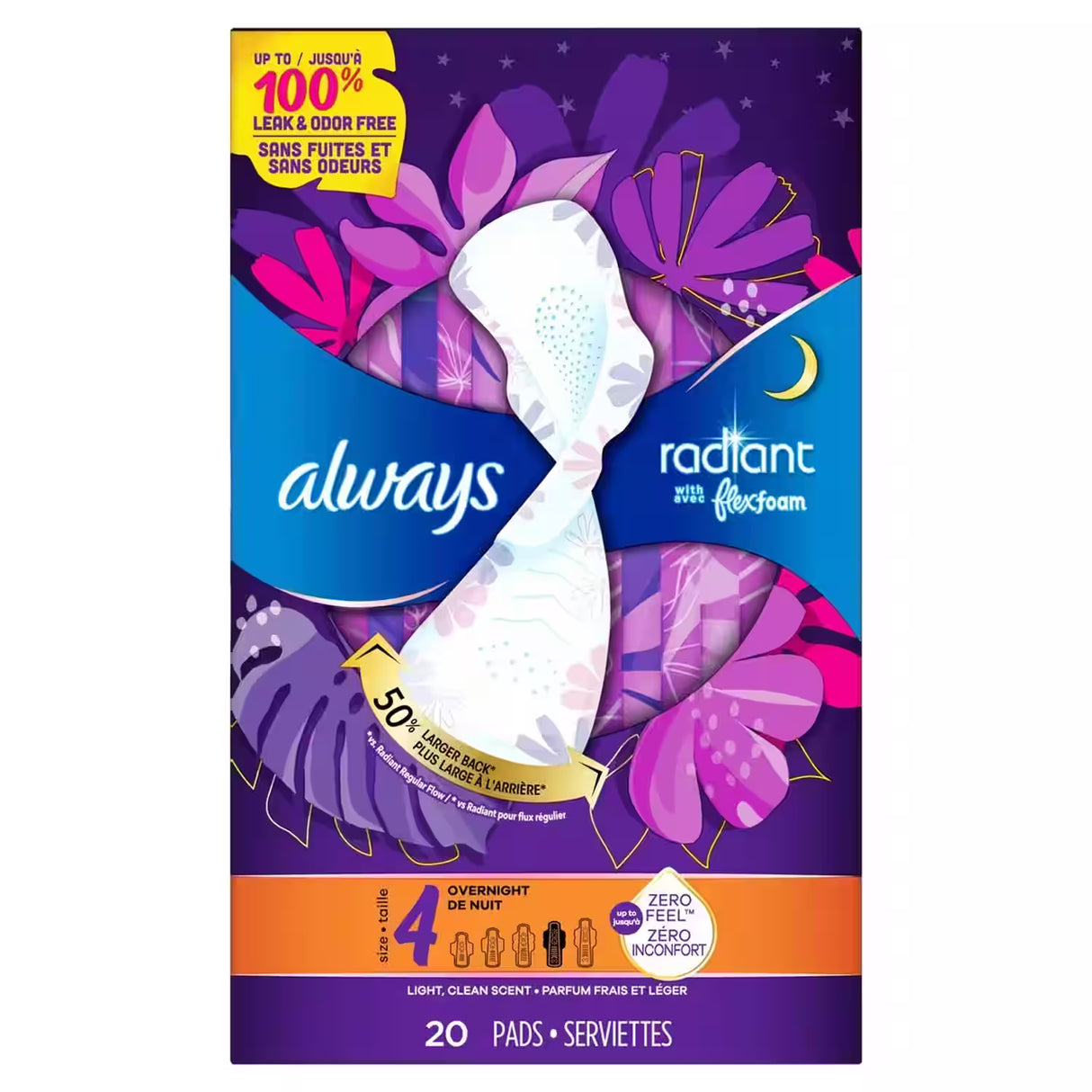 Always Radiant FlexFoam Overnight Pads with Wings, Scented, Size 4  20 Ct – 6 Pack