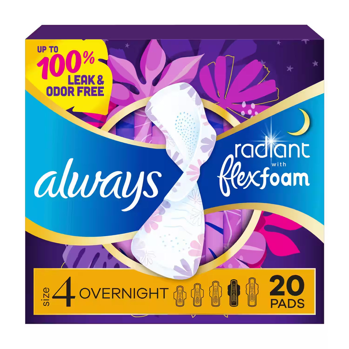 Always Radiant FlexFoam Overnight Pads with Wings, Scented, Size 4  20 Ct – 6 Pack