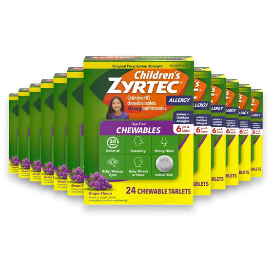 Zyrtec - Children&#39;s Dye Free Cetirizine 10mg Chewables, Grape - 24 Ct Each - 24 Pack | J&amp;J-MCNEIL - Cold Tabs