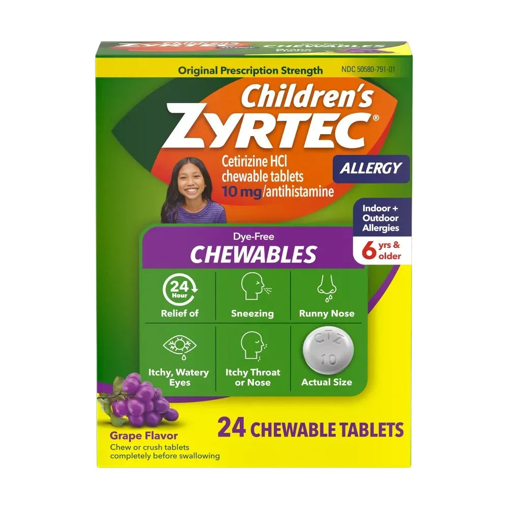 Zyrtec - Children's Dye Free Cetirizine 10mg Chewables, Grape - 24 Ct Each - 24 Pack