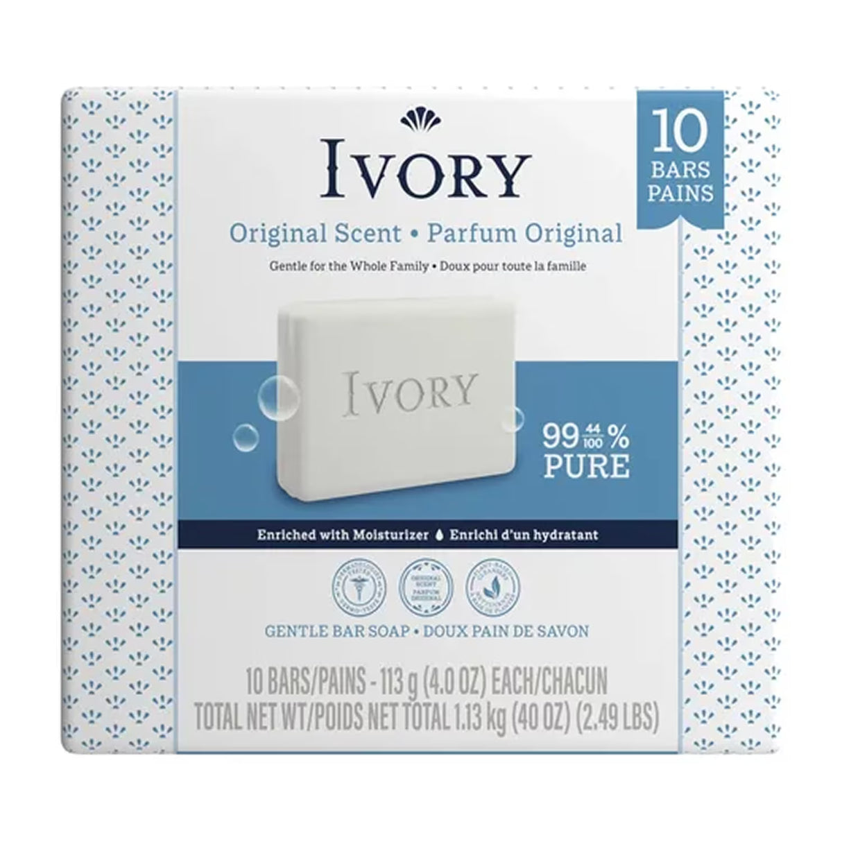 Ivory Gentle Bar Soap, Original Scent- 4 oz - 10 Ct - 8 Pack