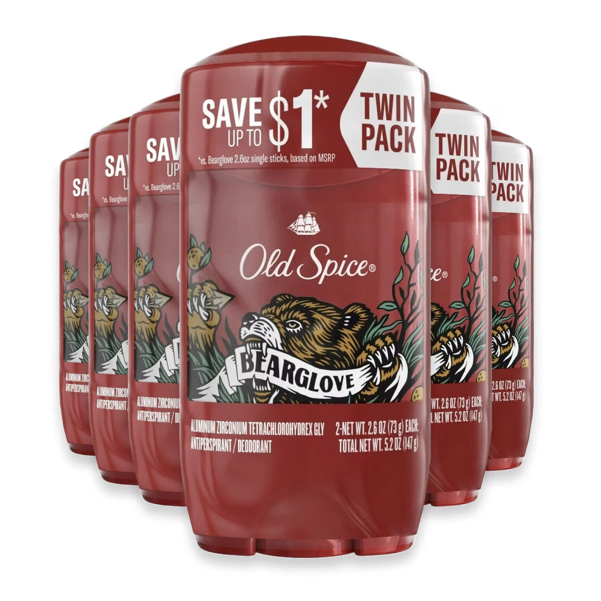 Old Spice Bearglove Antiperspirant Deodorant, 2.6 oz - Twin Pack - 6 Pack