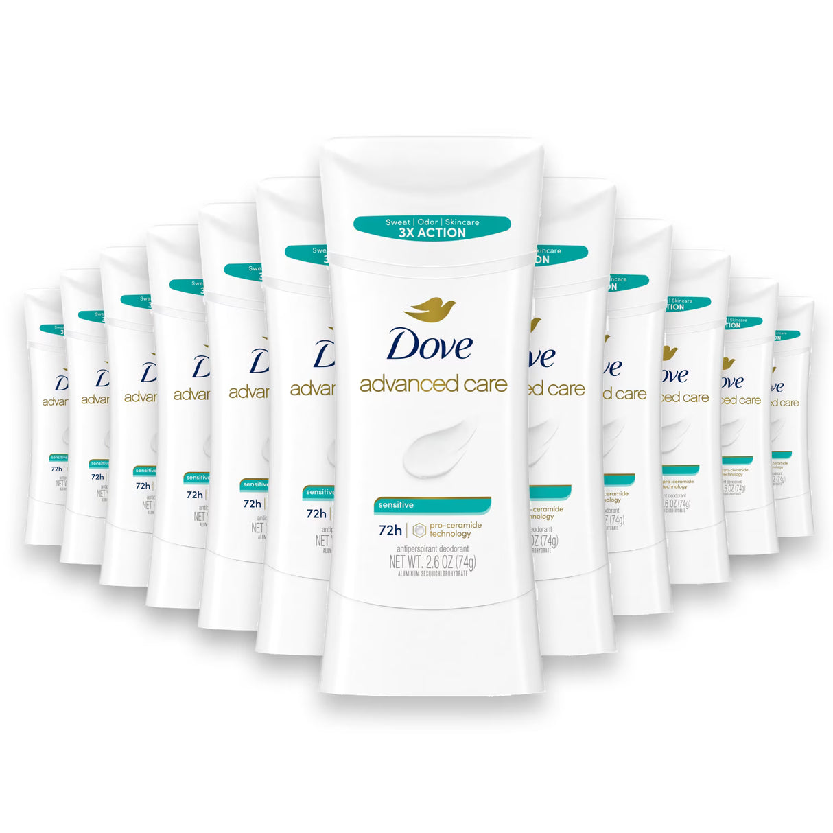 Dove Deodorant Stick, Advanced Care, Sensitive Bulk - 2.6 Oz - 12 Pack