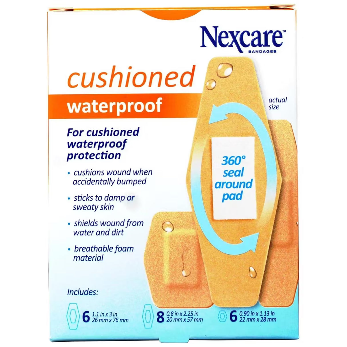 Nexcare Waterproof Cushioned Foam Bandages, Assorted Sizes, 20 Ct - 24 Pack