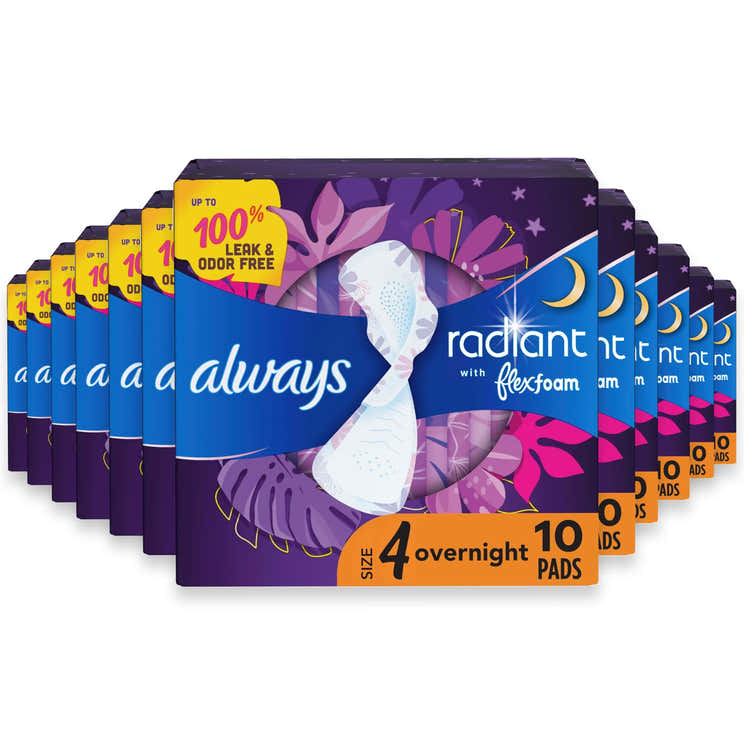 Always Radiant FlexFoam Size 4 Overnight Pads with Wings - 10 Ct - 12 Pack | Always - Pre Order