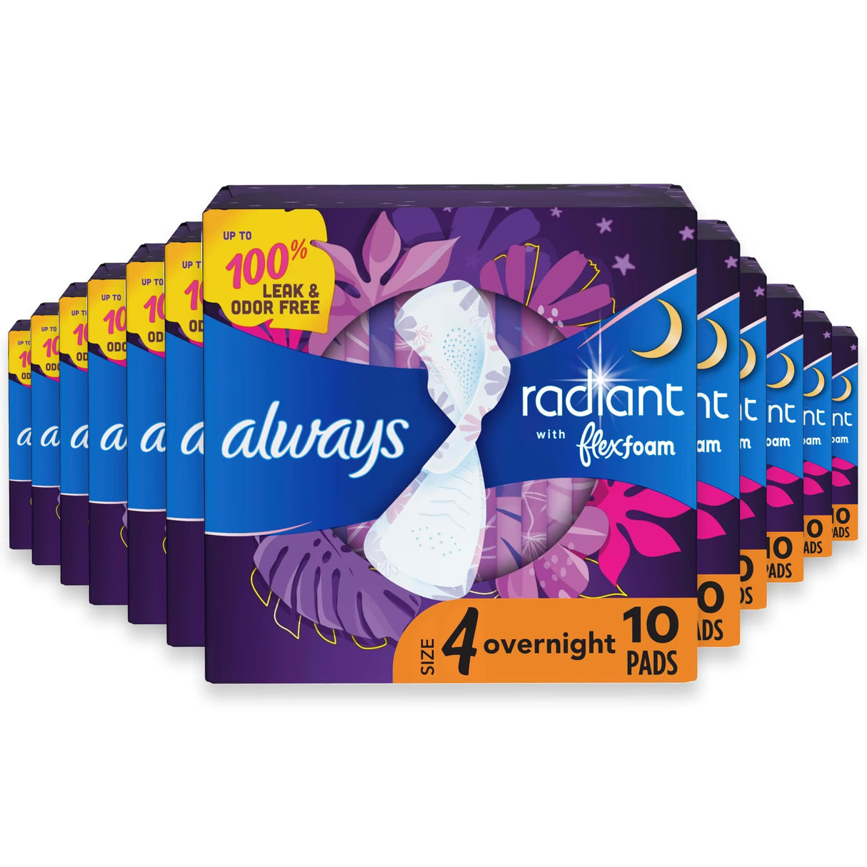 Always Radiant FlexFoam Size 4 Overnight Pads with Wings - 10 Ct - 12 Pack