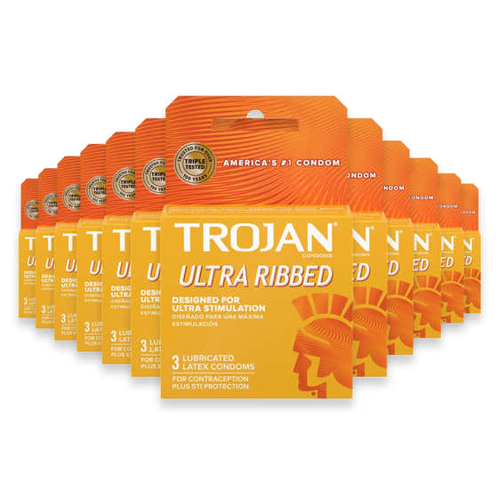 Trojan Lubricated Condoms, Ultra Ribbed, 3 Ct - 48 Pack | TROJAN - TROJAN