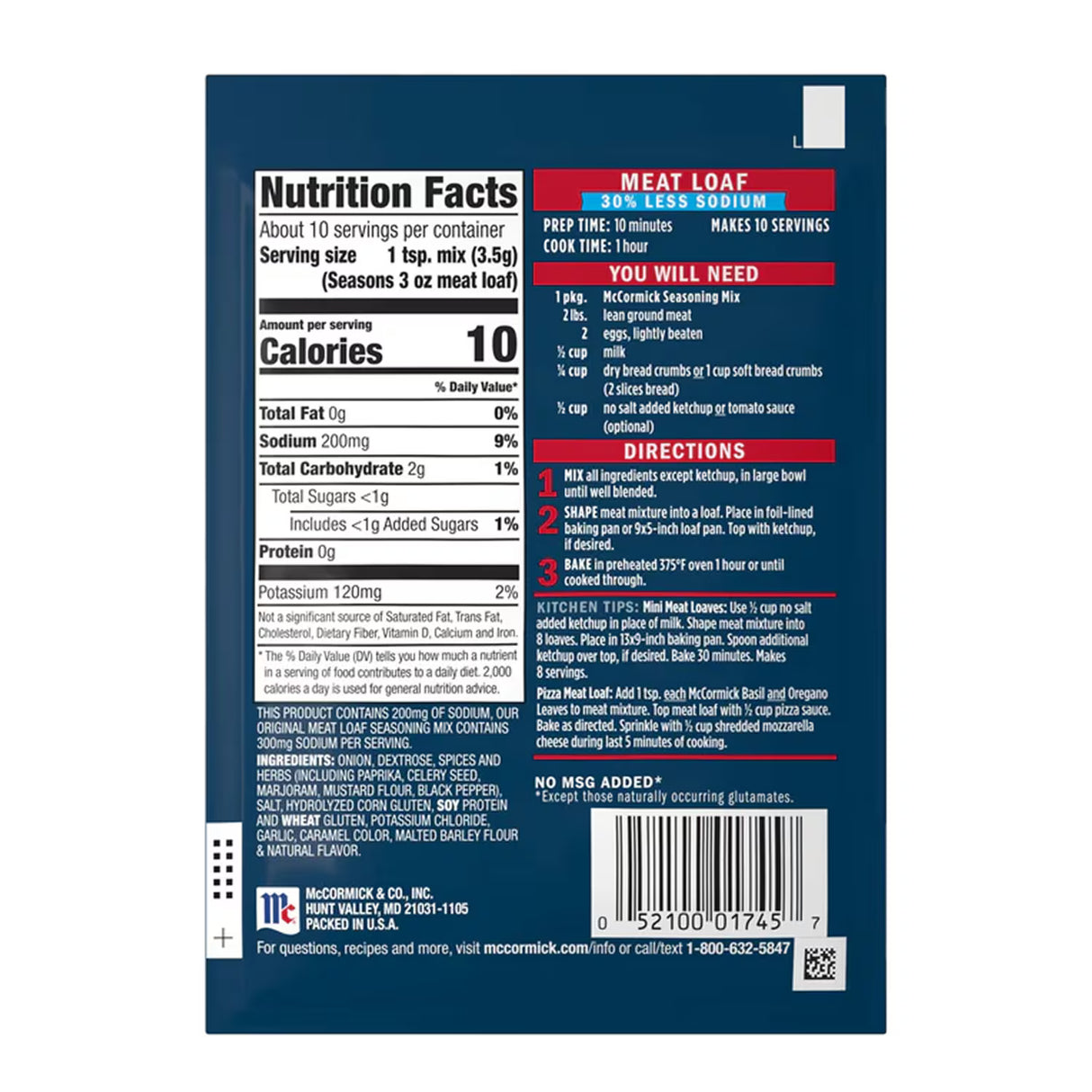 McCormick Meatloaf Seasoning Less Sodium 1.25 oz – 12 Pack – Contarmarket