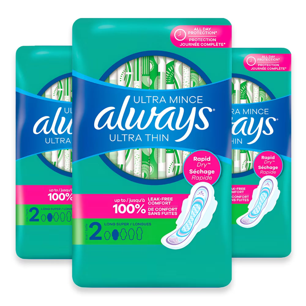 Always Ultra Thin Pads Size 2 Long Super with Wings, 32 Ct – 3 Pack
